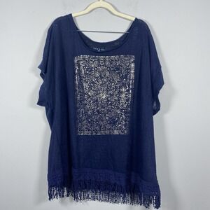 Kate & Sam Womens Plus 2X Blue Graphic Pullover Sweater Fringe Hem Casual Office